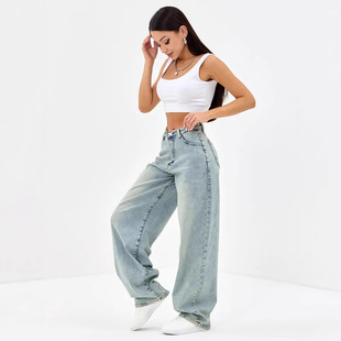 Women Denim Jean Pant Long Trousers Streetwear阔腿裤牛仔裤女