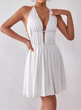 Women Dresses Backless Sexy Ladies Clothes系带露背连衣裙短裙