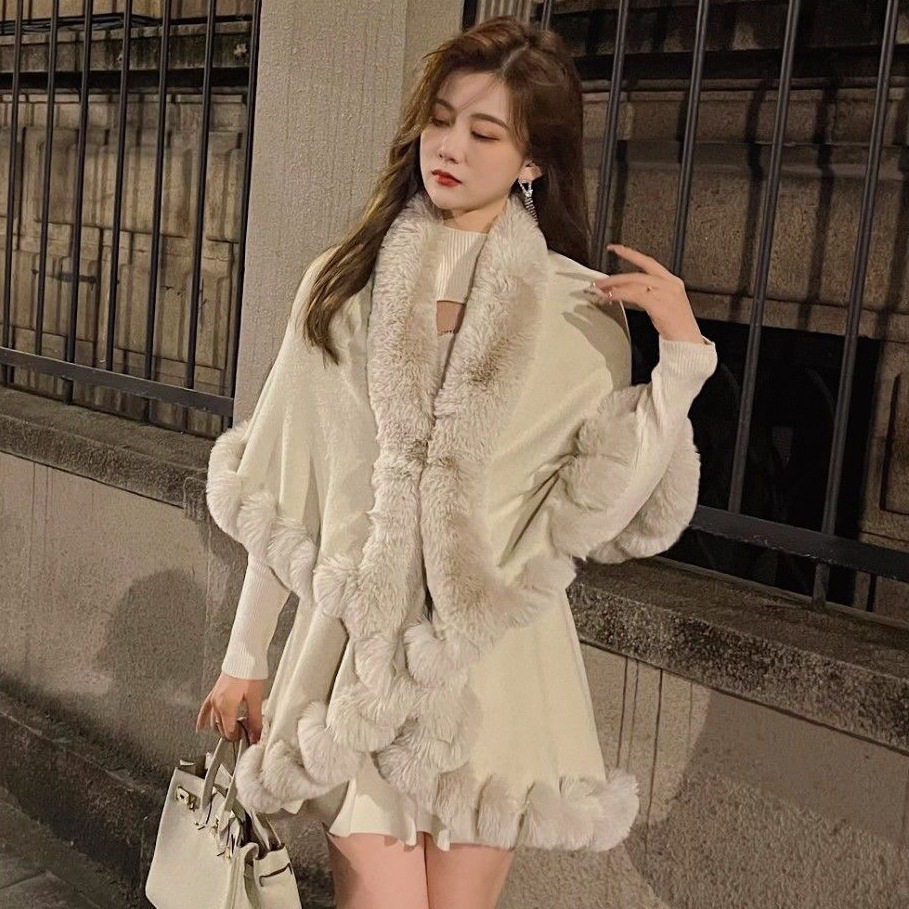 Poncho Coat秋冬新款仿獭兔毛领斗篷披肩大码针织开衫宽松外套女