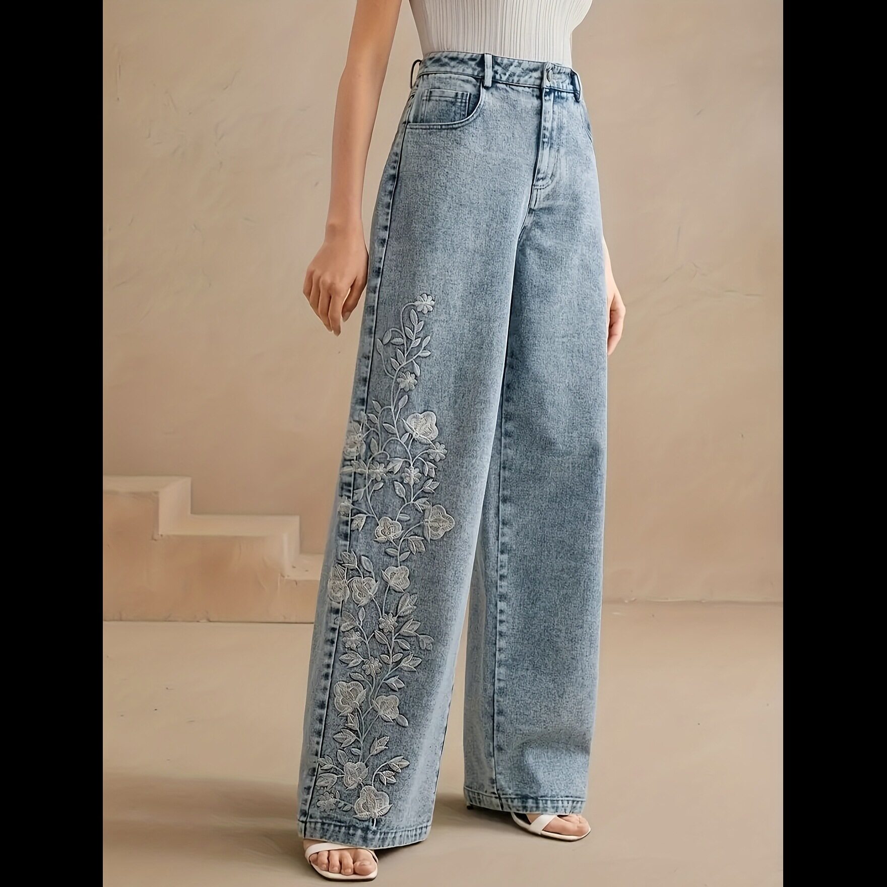 Women Denim Pants欧美刺绣女式休闲绣花宽腿弹力牛仔裤 简约百搭
