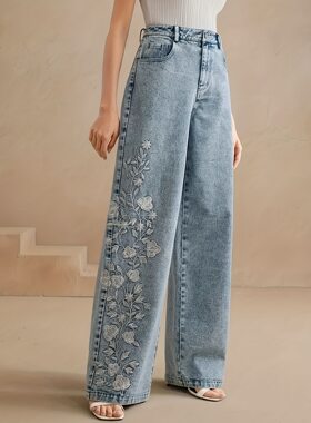 Women Denim Pants欧美刺绣女式休闲绣花宽腿弹力牛仔裤 简约百搭