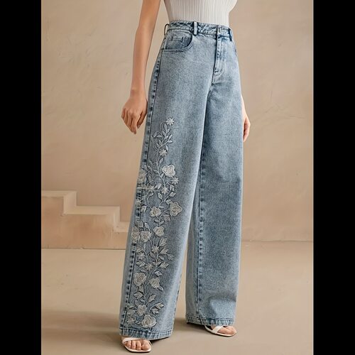 Women Denim Pants欧美刺绣女式休闲绣花宽腿弹力牛仔裤 简约百搭