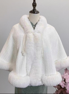 Women Poncho Coat Shawl毛领披肩斗篷百搭旗袍外搭披风保暖外套