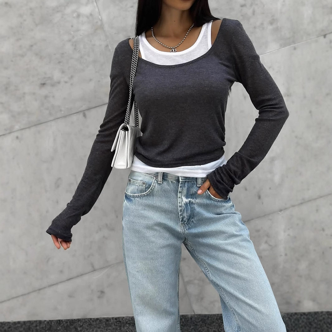 Women Tee T-Shirt Top欧美风复古撞色假两件长袖T恤女春秋季显瘦