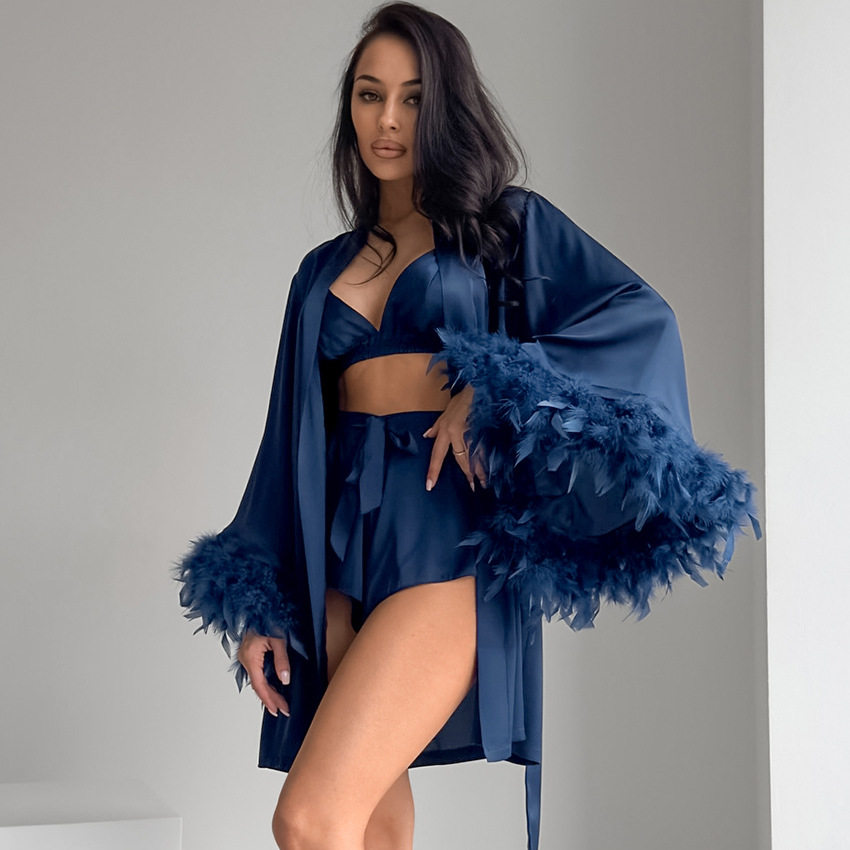 Women Nightwear Sexy Bathrobe Home Wear内衣短裤睡袍三件套女