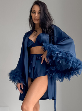 Women Nightwear Sexy Bathrobe Home Wear内衣短裤睡袍三件套女
