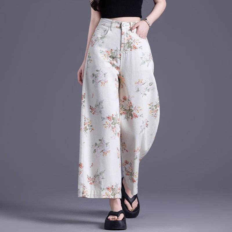 Women Denim Jean Pants白色阔腿牛仔裤女夏季薄九分高腰碎花直筒