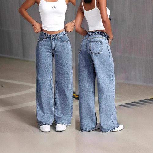 欧美牛仔裤复古高腰修身直筒裤烟灰浅蓝显瘦拖地长裤Denim Jeans