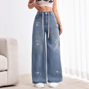 复古阔腿牛仔裤 Pants美式 女水洗爱心钉珠抽绳高腰宽松 Jean Denim