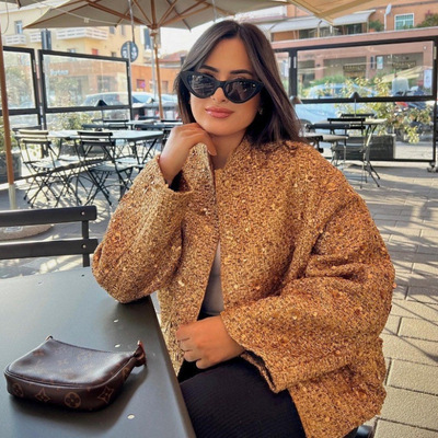 欧美潮流时尚百搭珠片饰小立领夹克外套Sequin Loose Jacket Coat