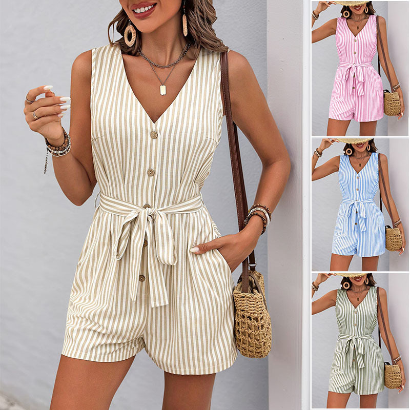夏季欧美连体裤无袖条纹连体短裤Fashion Summer Women Jumpsuit