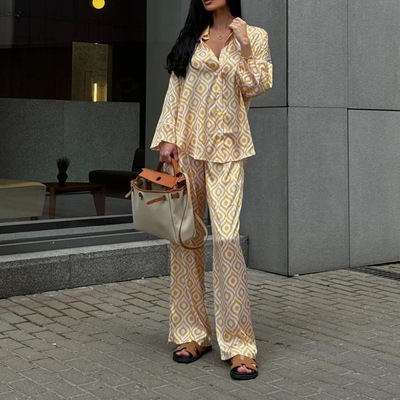 Women Clothes Sets休闲风时尚印花开衫衬衣阔腿裤套装两件套女装