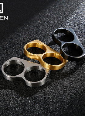 Men Rings Gift HIP 欧美创意双指双环钛钢戒指 嘻哈光面指虎指环
