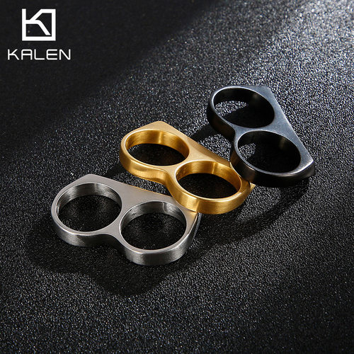 Men Rings Gift HIP 欧美创意双指双环钛钢戒指 嘻哈光面指虎指环