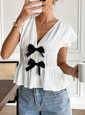 Women Shirts Summer Clothes女装夏季度假风欧美短袖衬衫衬衣女