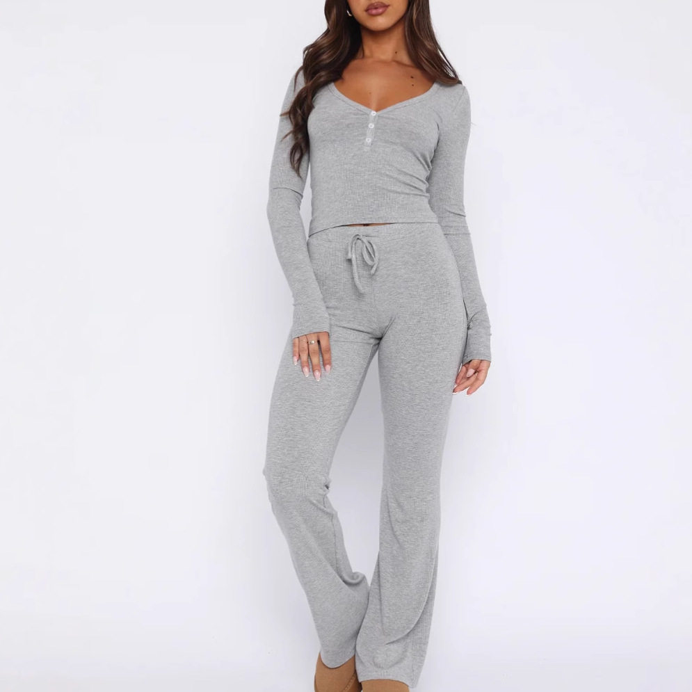 Women Sportwear Sets Top Pants春秋纯色紧身上衣加长裤两件套女
