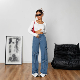 Women Denim Jeans Pants欧美蝴蝶结系带工装风牛仔长裤女阔腿裤
