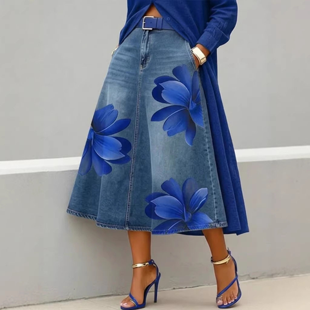 Floral Women Skirts欧美时尚日常穿搭仿牛仔印花花朵半身裙子女