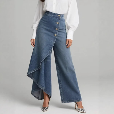 Women Trousers Long Pant大长摆纯色休闲仿牛仔印花排扣紧身裤