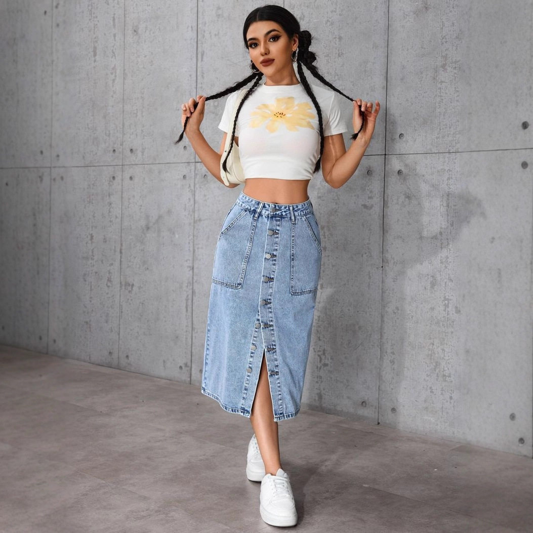 Women Denim Skirts高腰紧身弹力中长款牛仔显瘦过膝开叉半身裙图片