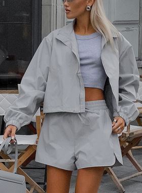 Women Clothes Set Coat+Shorts Pant欧美时尚灰色外套短裤女装
