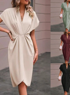 Women Dresses Elegant Summer Clothes气质优雅不规则连袖花包裙