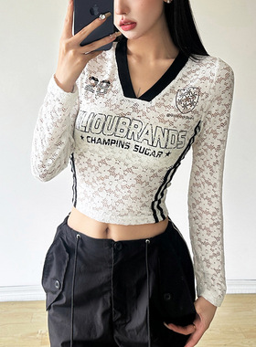 欧美风女修身露脐时尚V领长袖印花上衣女Women Tops TEES T-Shirt