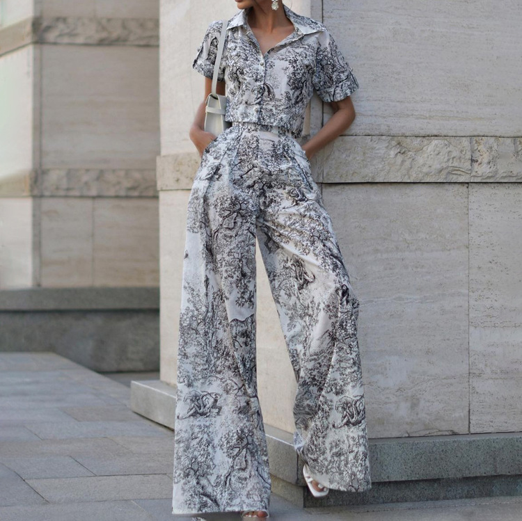 Women Suit Sets Shirt+Wide Leg Pants翻领短衬衫高腰显瘦阔腿裤