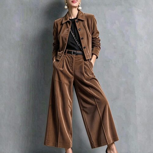 Women Outfits Jacket+Pants Sets欧美女长袖短款夹克+高腰阔腿裤