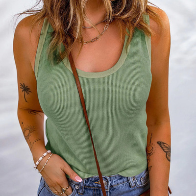 欧美女装纯色华夫针织舒适背心上衣女Women Knitwear Tops Vest