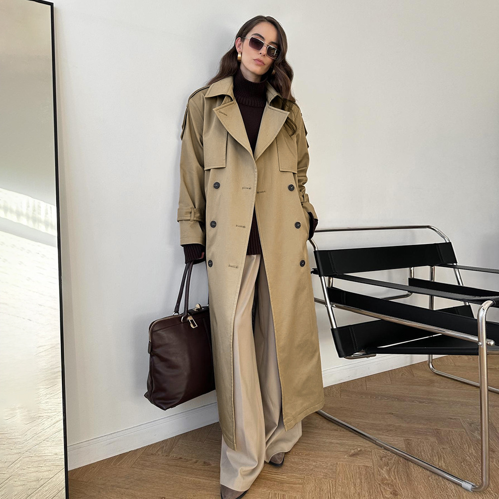 Women Long Coat Windbreaker加长款风衣外套欧美系带收腰风衣女