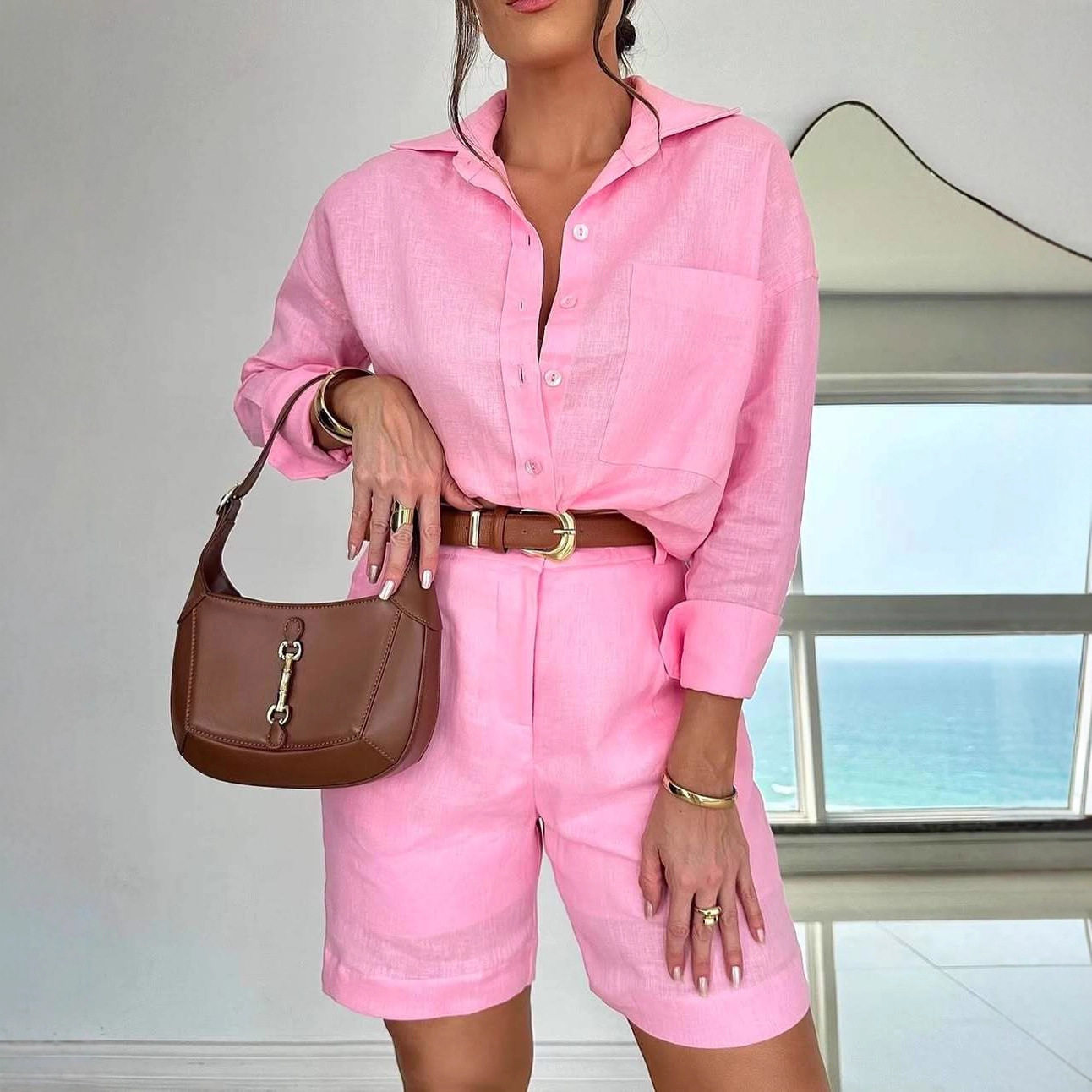 Women Outfits欧美女装纯色棉面时尚休闲长袖衬衫短裤女套装高腰