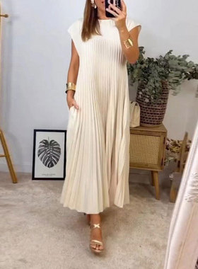 Women Long Dress Elegant Summer Ladies Clothing无袖百褶长裙