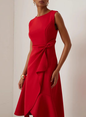 欧美女装无袖红色气质礼服连衣裙圆领Elegant Women Prom Dresses