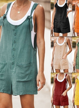 Women CLOTHES Cotton Linen Short Jumpsuit欧美女装棉麻带背裤