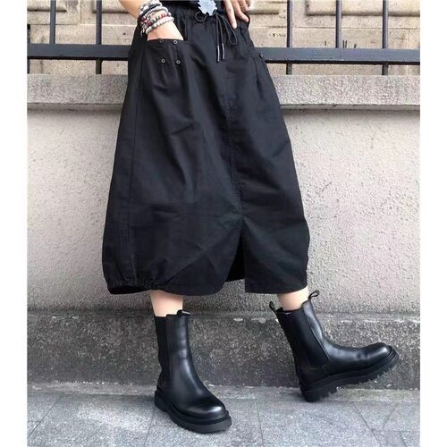 春夏女装大码胖mm显瘦半身裙黑色开叉花苞裙子A字中长裙百搭Skirt
