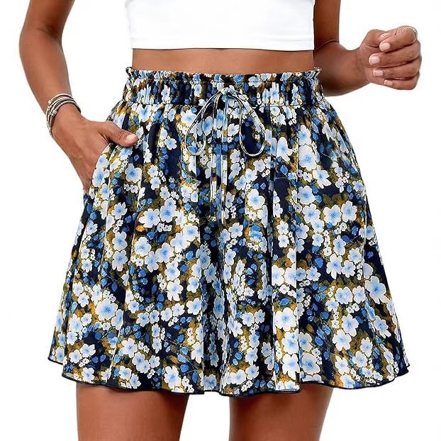 Women Shorts春夏欧美高腰碎花A字短裤时尚百搭度假休闲宽松裤裙