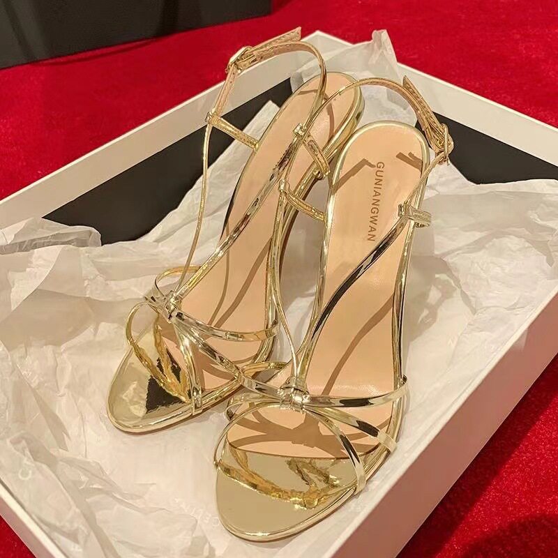 Women Slipper High Heels金色绑带高跟鞋一字带细跟名媛女士凉鞋