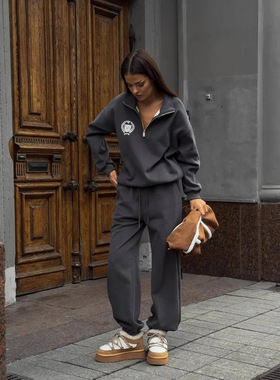 Women Print Sportsuit Sweater Pant印花卫衣女高腰显瘦长款卫裤