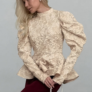 Women Shirt Tops Blouse欧美秋冬法式复古宫廷风立领百搭上衣女