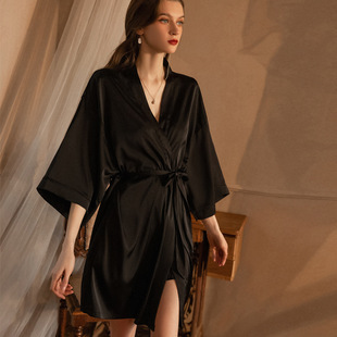 Women Sleepwear Loose Night Gown Home Wear缎面系带家居服睡袍