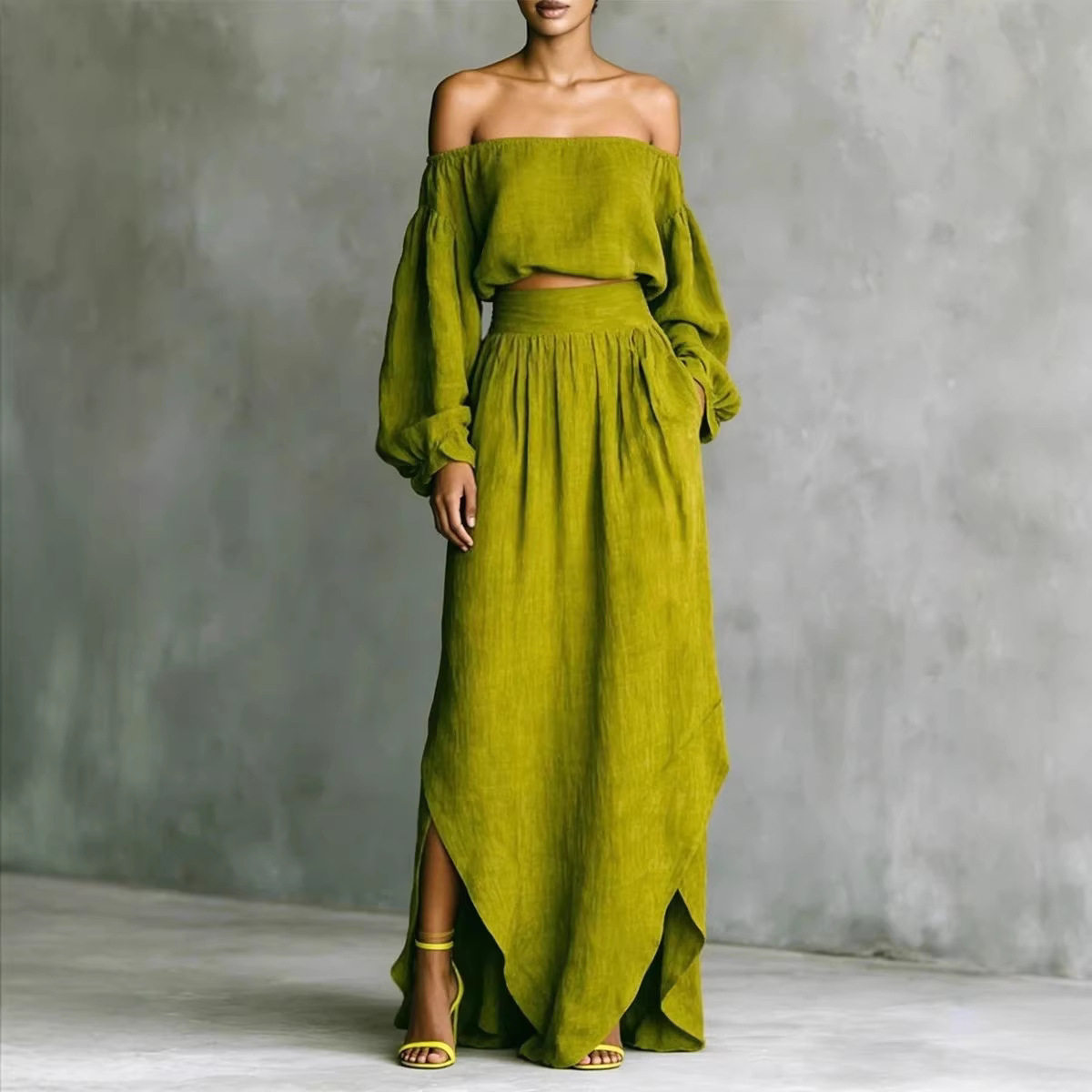 Fashion Women Outfit欧美女装时尚休闲露肩上衣不规则裙子两件