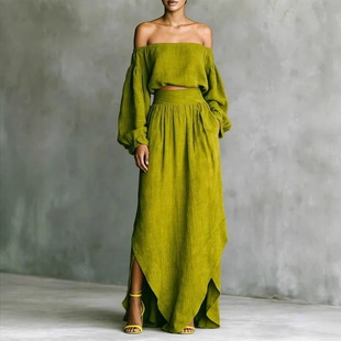 Fashion Women Outfit欧美女装时尚休闲露肩上衣不规则裙子两件
