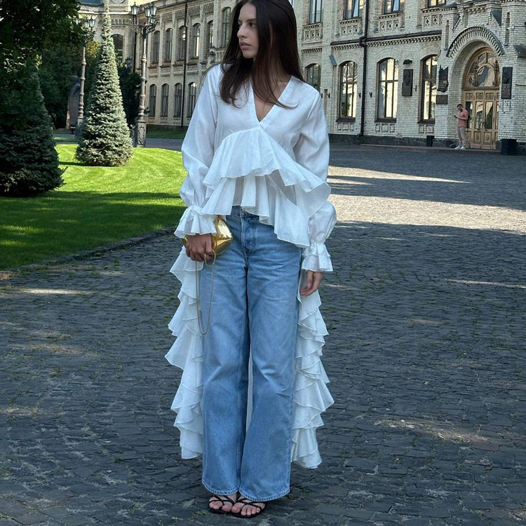 Women Shirt Tops荷叶边拖地下摆女式衬衫喇叭袖沙滩风白色上衣