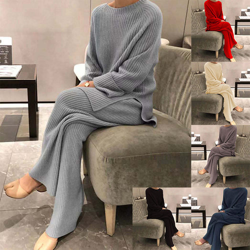 Knitted Women Outfits欧美秋冬长袖纯色针织休闲两件套针织毛衣