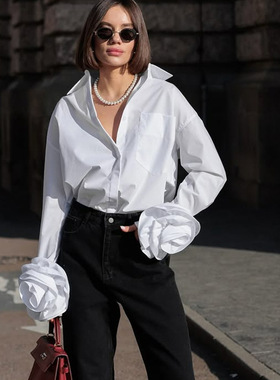 Women Shirt White Blouse Cotton女衬衫棉质翻领通勤白衬衣上衣