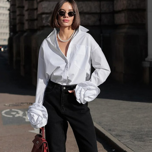 Women Shirt White Blouse Cotton女衬衫棉质翻领通勤白衬衣上衣