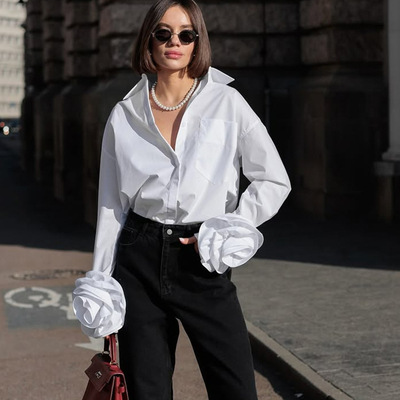 Women Shirt White Blouse Cotton女衬衫棉质翻领通勤白衬衣上衣