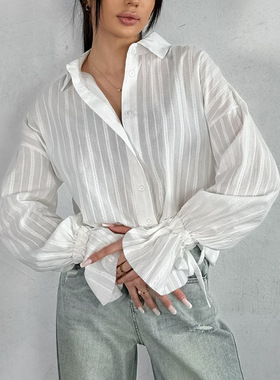 Women White Shirt Cotton Loose Blouse提花翻领衬衣宽松白衬衫