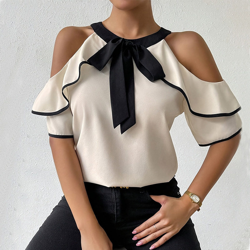 Women Blouse Elegant Summer Shirt夏季欧美气质双层短袖衬衫女
